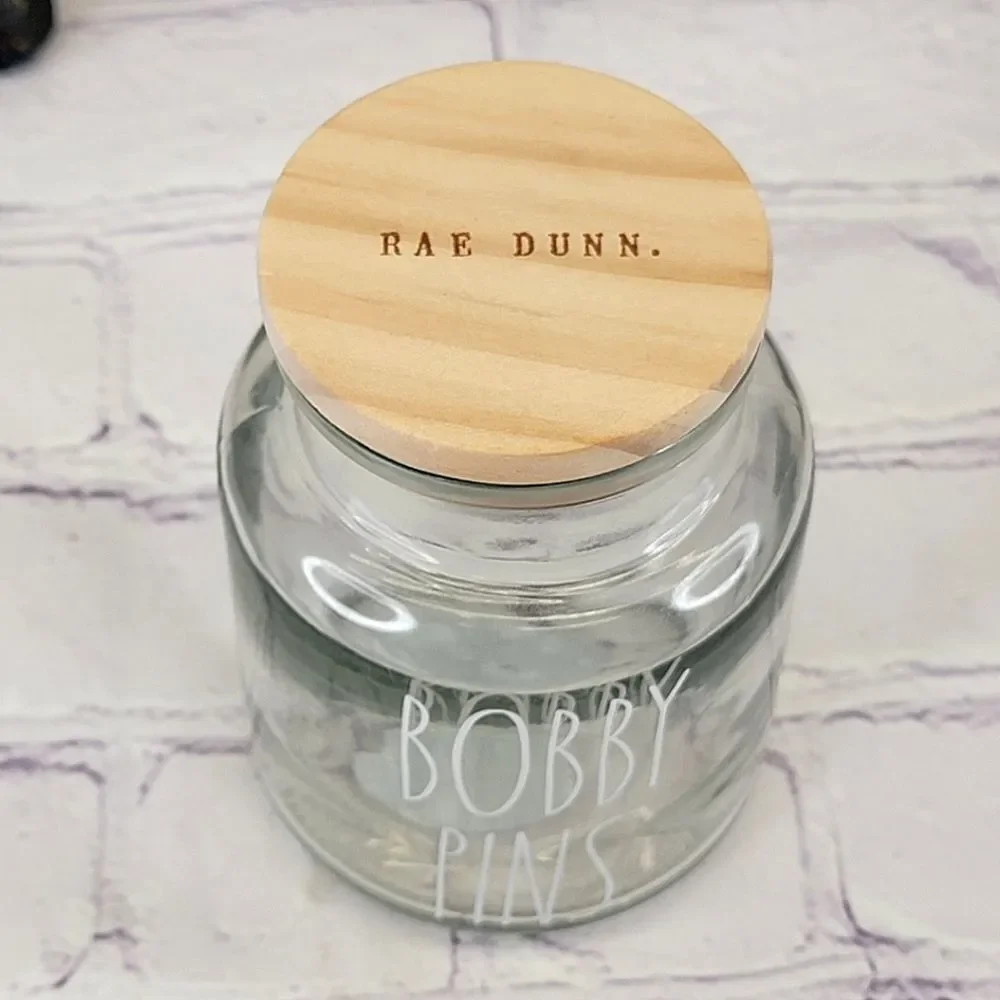 Rae Dunn BOBBY PINS Glass Jar Storage Container with Wooden Lid
